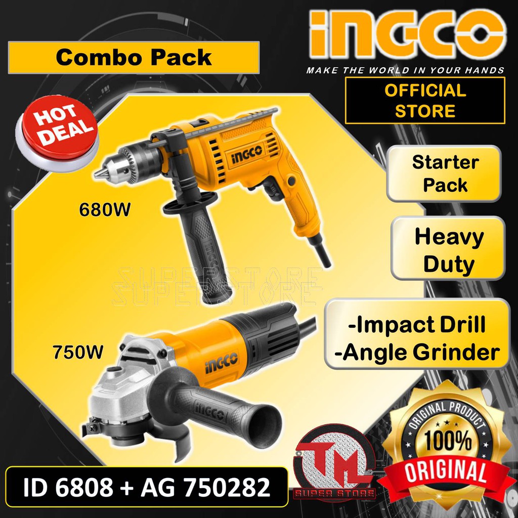 INGCO Angle Grinder 750W and Impact Drill 680W (COMBO PROMO) • Tm ss ...