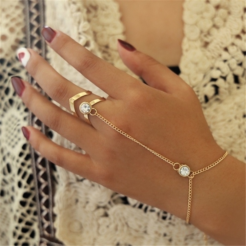 Boho Crystal Slave Finger Ring Bracelet Retro Gold Hand Harness Bangle