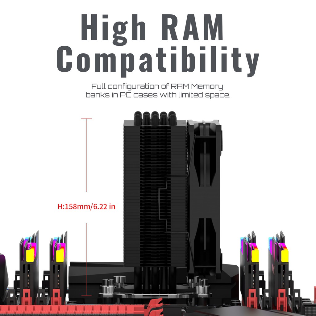 Aluminum Fins for AMD Ryzen/Intel upHere N1055BK CPU Cooler,5 Copper Heat Pipes,120mm PWM Fan 