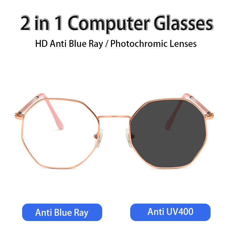 Anti Radiation Glasses Photocromic 2 in 1 Lens For Women Men Fashion Iron Eyeglass Frames Anti Blue Ray UV400 Transition Computer Glasses Sunglasses