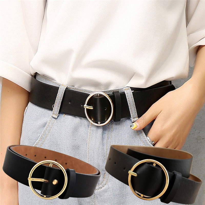 Women Belts Leather Metal Round Buckle 