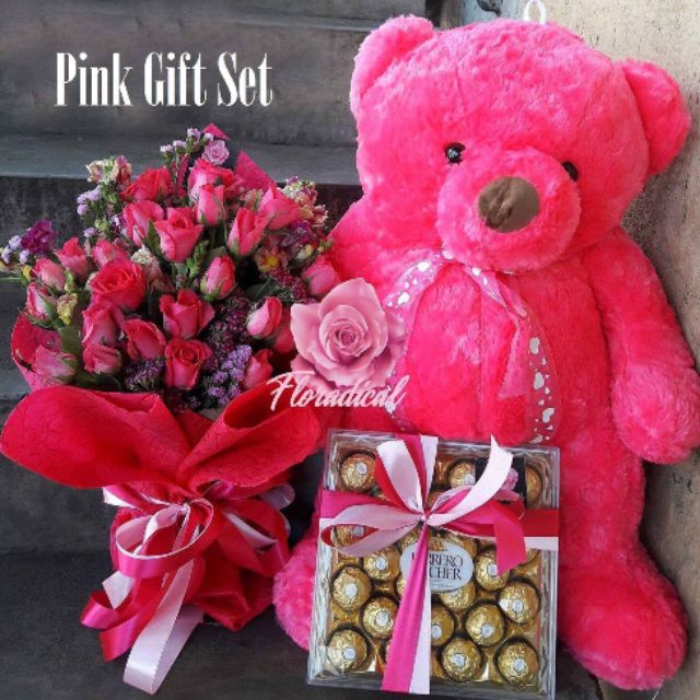 flowers chocolate and teddy bear