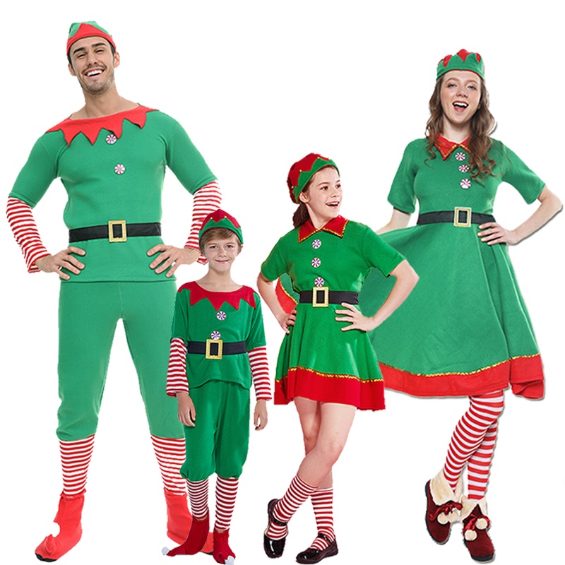 2019 Green Christmas Elf Costume Dress Adult Santa Claus Cosplay Family ...
