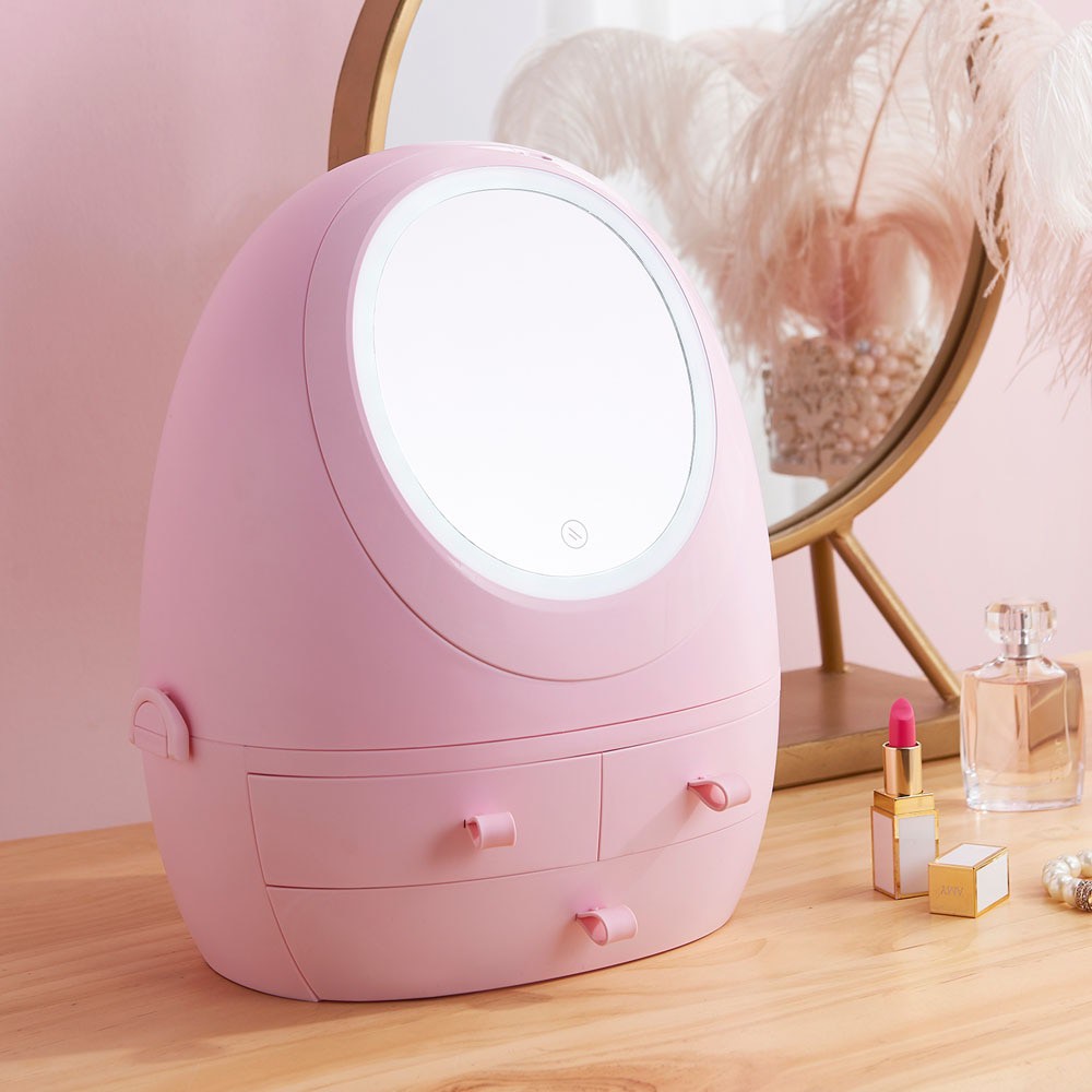 MU52 Cosmetics Storage Box with LED Light Mirror Makeup Organizer