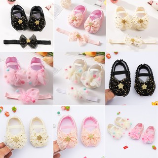 2Pcs Baby Girls Shoes Kids Girl Net Yarn Bowknot Princess Shoes Children Soft Sole Non-slip Shoes Toddler Walking Shoes + Headband Set