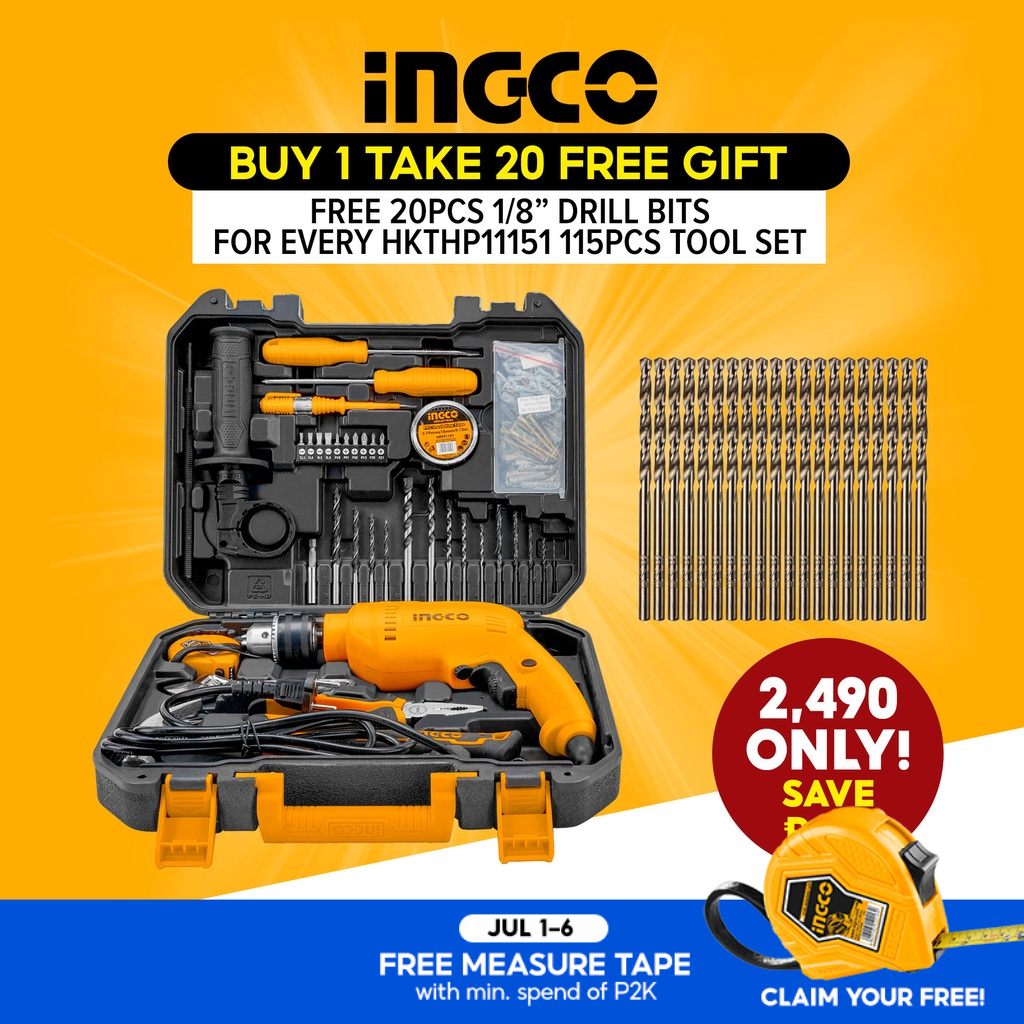 INGCO HKTHP11151 115pcs Tool Set with 680W Impact Drill + FREE 20PCS 1/