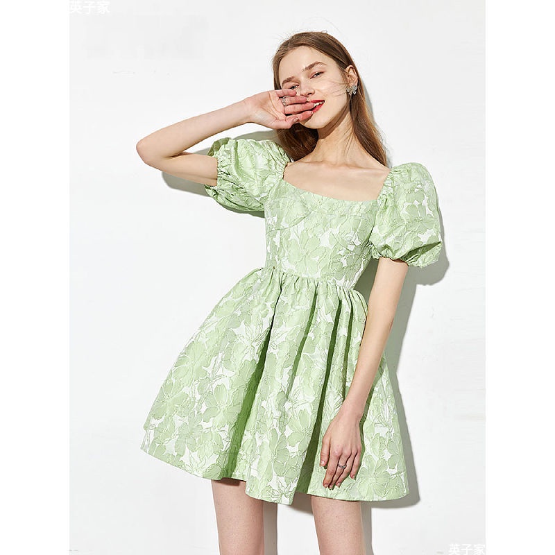 Korean Green Puff Sleeve Puffy Cute Princess Jacquard Dress | Shopee ...