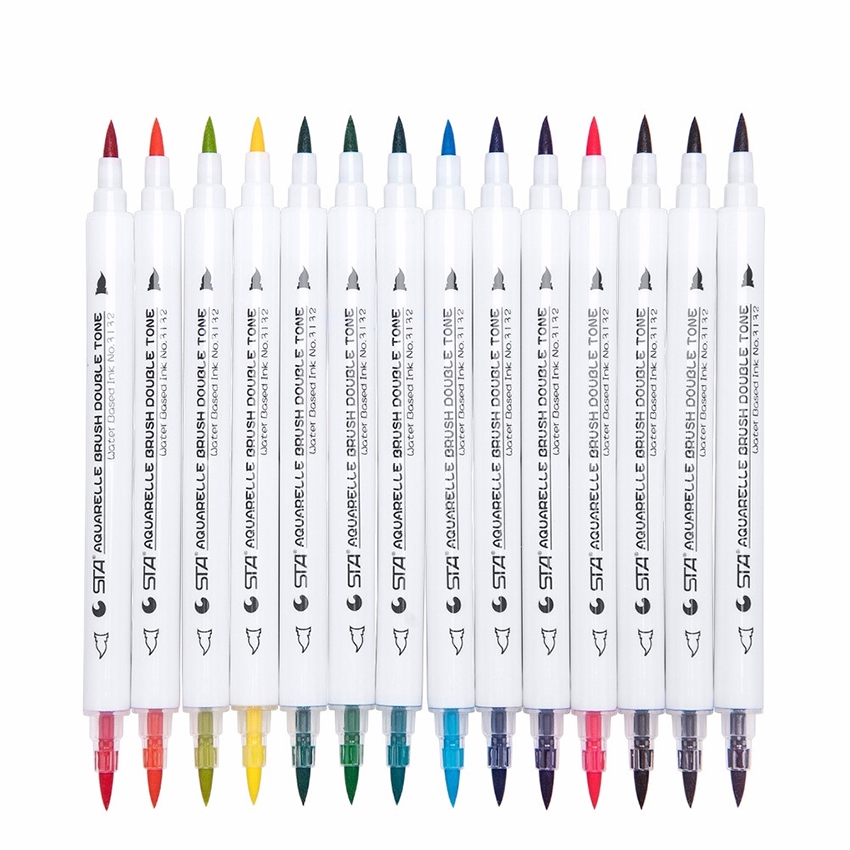 Dual Tips Fine Brush Sketch Marker Pen Water Based Ink Watercolor Paintbrush