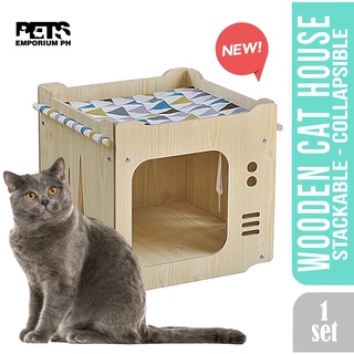Pets Emporium Wooden Cat Kennel Hammock Building Block Combination Cat Climbing House with mattress