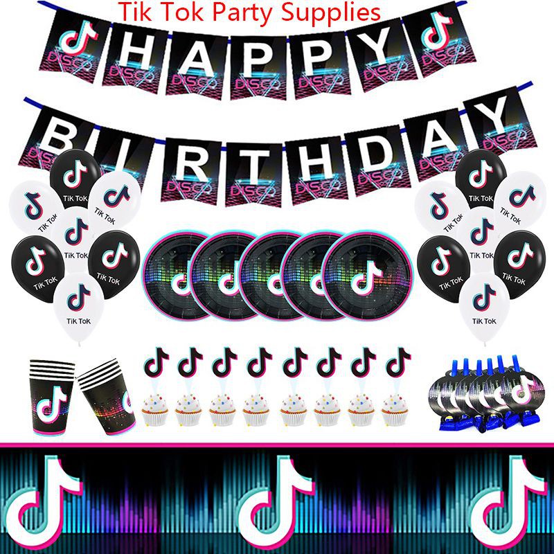 Til Tok party supplies birthday set 112Pcs Includes Happy Birthday Banner,goodie bags,Tablecover,Plates,Knives,Spoons,Forks.For Til Tok Party decoration 
