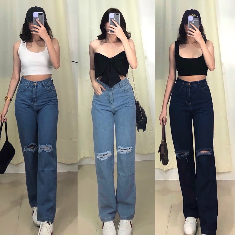 Korean Style Casual Attire Tattered Knee Cut High Waist Wide Leg Mom Jeans  For Women 2743/2745 | Shopee Philippines