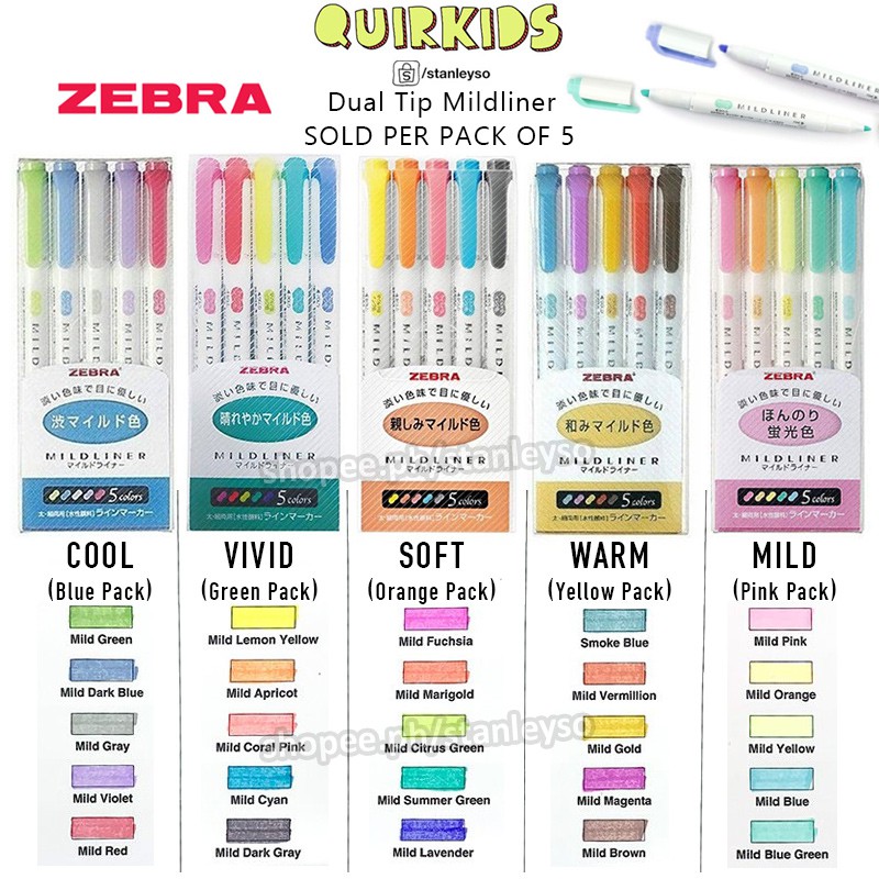Zebra Mildliner Highlighters 5 Colors Set Dual Tip Double Head Shopee Philippines