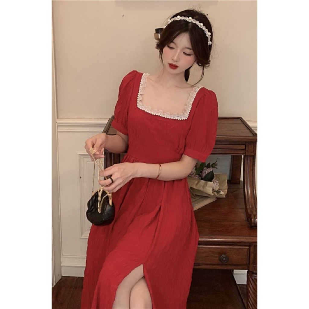 red square neck dress