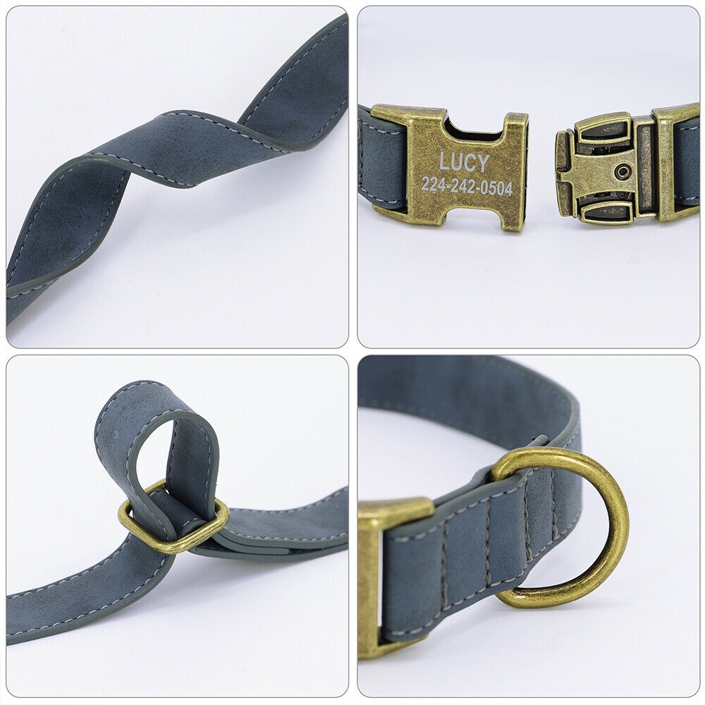 Personalized Leather Dog Collar Brass Buckle D Ring Pet Laser Engraved 5 Colors #9