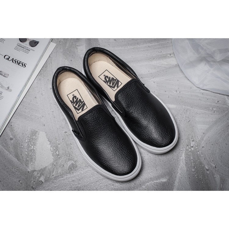 vans black leather slip on shoes