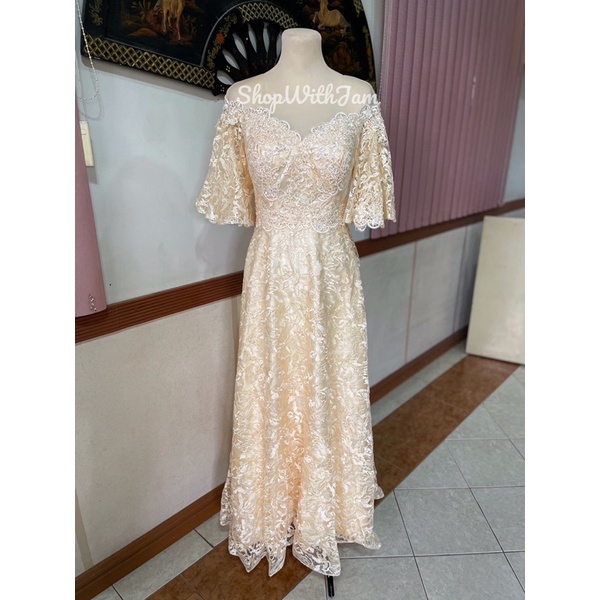 Elegant cream belle sleeve full lace long dress/gown (party,birthday,formal,wedding,debut)  | Shopee Philippines