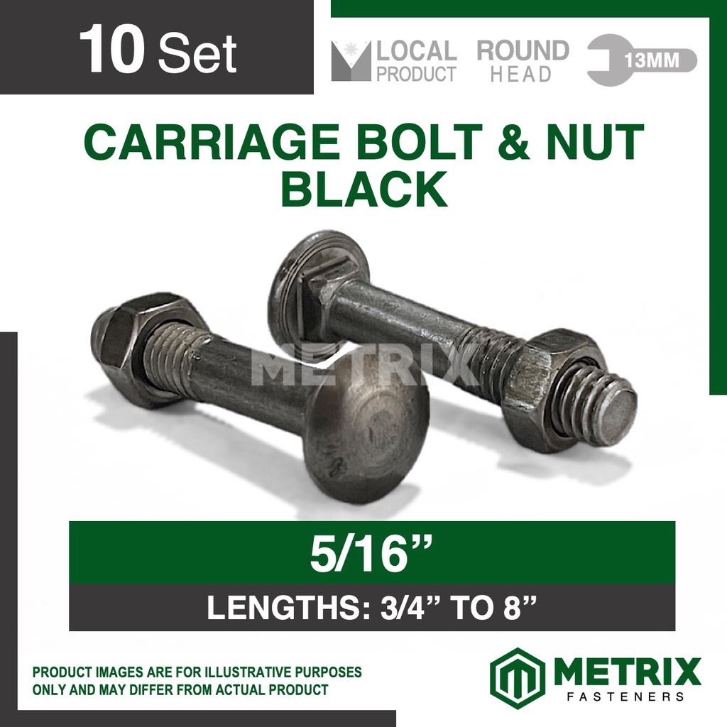 10set Carriage Bolt & Nut Black Iron / BI Round Head Coach Bolt and Nut