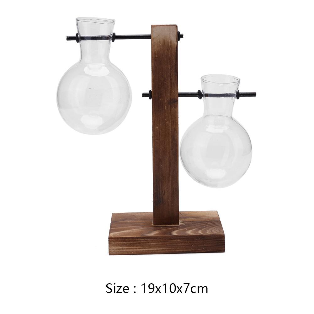 Macrorun Vintage Desktop Bulb Glass Vase Bonsai Flowers Plant Rack with Wooden Stand and Metal for