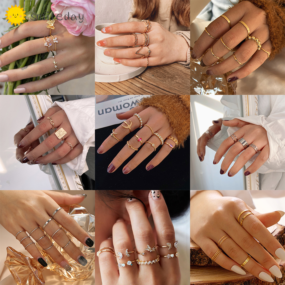 Korean Ins Rings Set Gold Silver Girls Pearl Crystal Fashion Finger