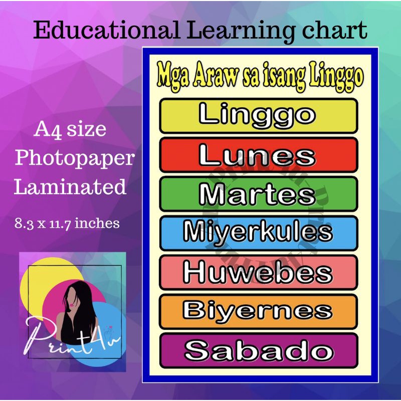 Mga Araw Sa Isang Linggo Chart Laminated Educational Learning Materials Shopee Philippines 4898