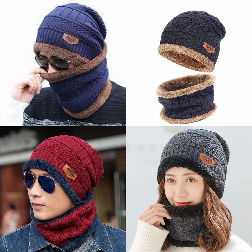 2 pcs Winter Beanie Hat scarf Set warm Knit Hat thick Fleece Lined ...