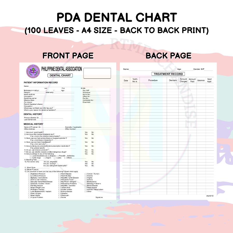 RTM PDA Dental Chart ( 100 leaves A4 Size 70gsm ) Shopee Philippines
