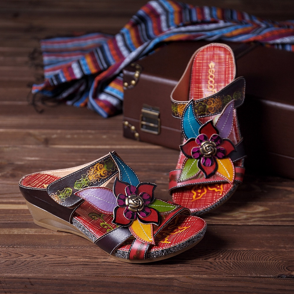 socofy bohemian leather adjustable hook loop printing forest sandals