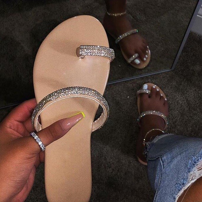 Women Diamond Jeweled Sandals Flip Flop Queen Plus Size Flat Slippers Shoes