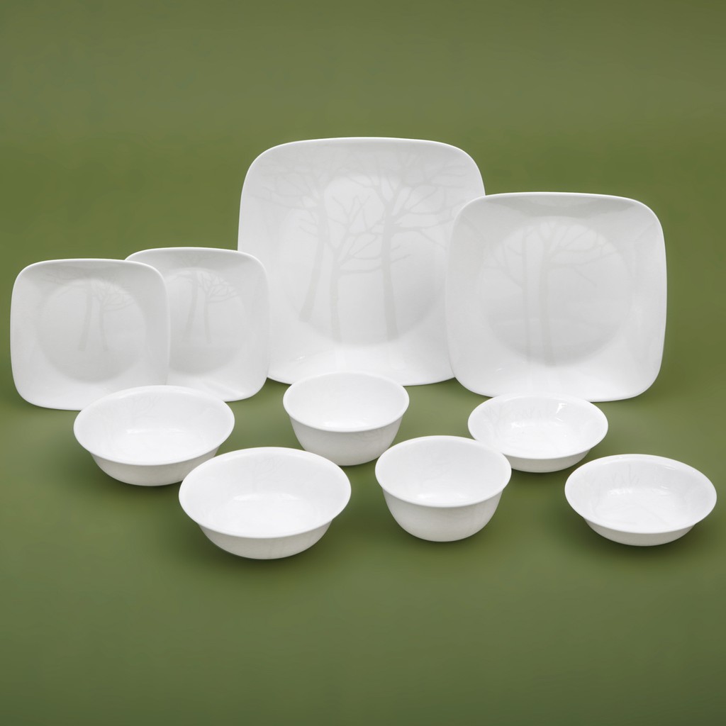 Corelle Silver Tree Frost Square Ceramic Bowl & Plate 10p Dinnerware