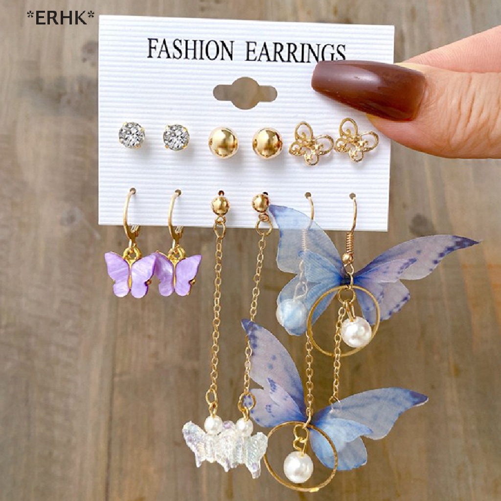 ERHK> 6Pairs/set Fashion Heart Butterfly Stud Earring Set Elegant Pearl