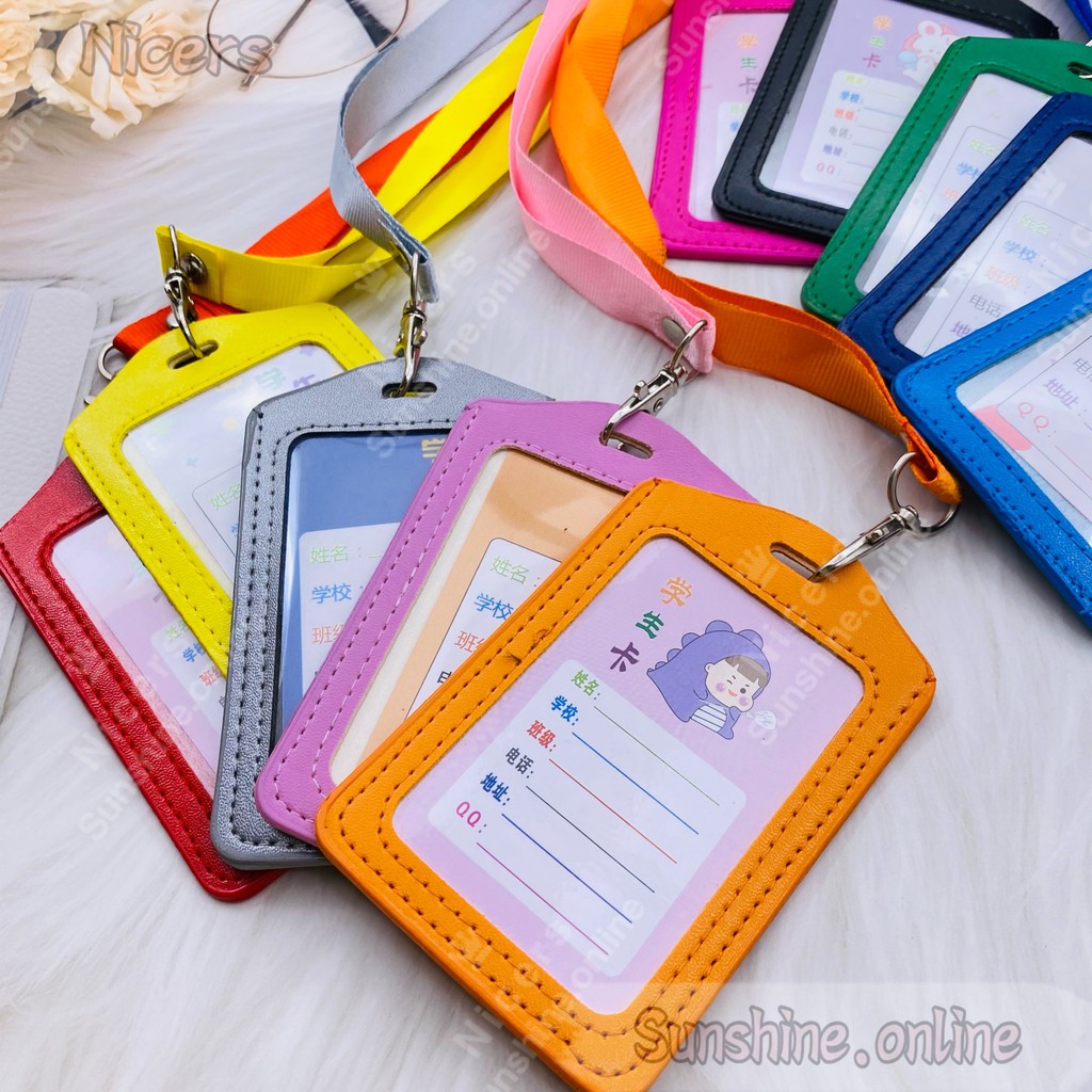 15mm Plain Color ID Sling Holder Lanyards with Leather ID Card Holder