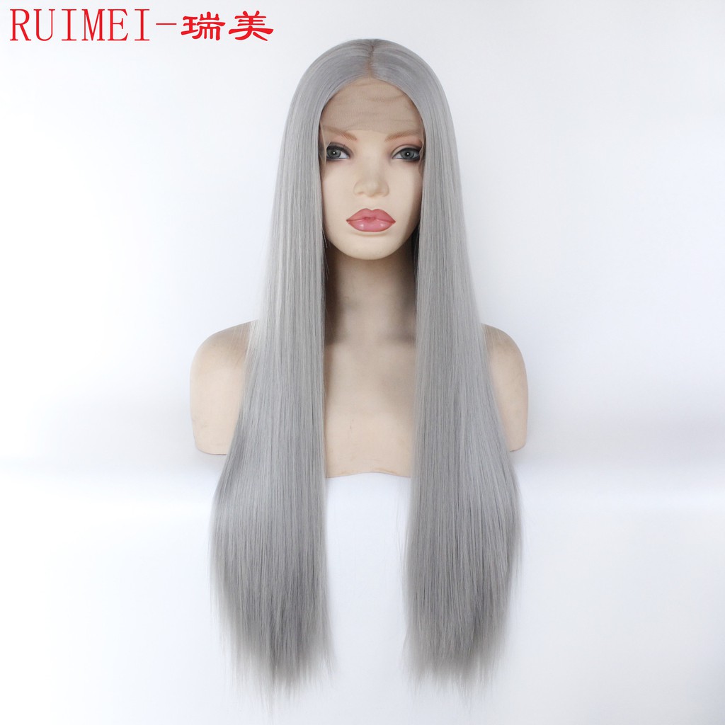 Ash Gray Long Lace Front Wig Synthetic Hair Natural Wavy Grey Wigs Women