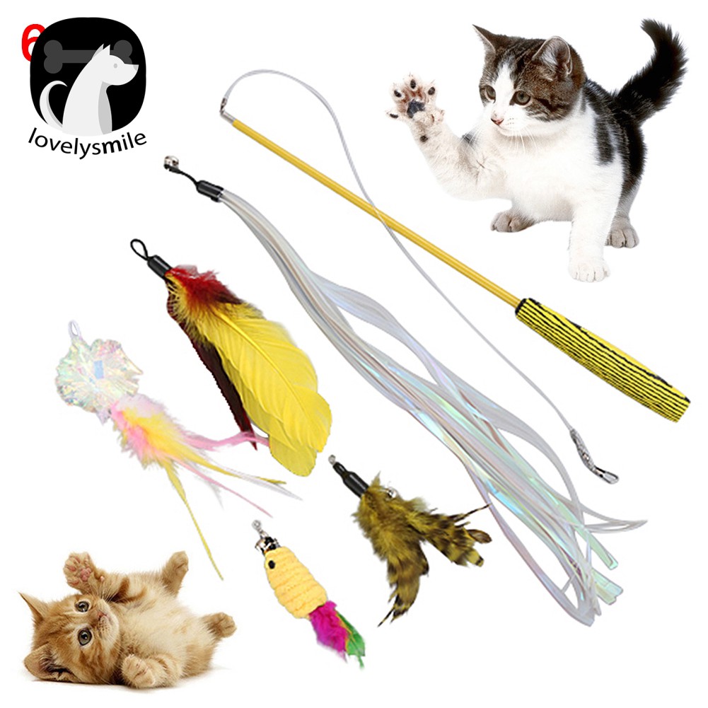 L~♧6Pcs Pet Cat Kitten Feather Bell Tassel Teaser Play Stick Wand Toy ...