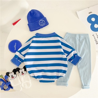 [Onhand] Autumn Summer Style Korean Version Trendy 0-2 Years Old Male Female Baby Long-Sleeved Trousers Jumpsuit Suit Striped Cartoon Minnie Mickey Print Triangle Romper #3