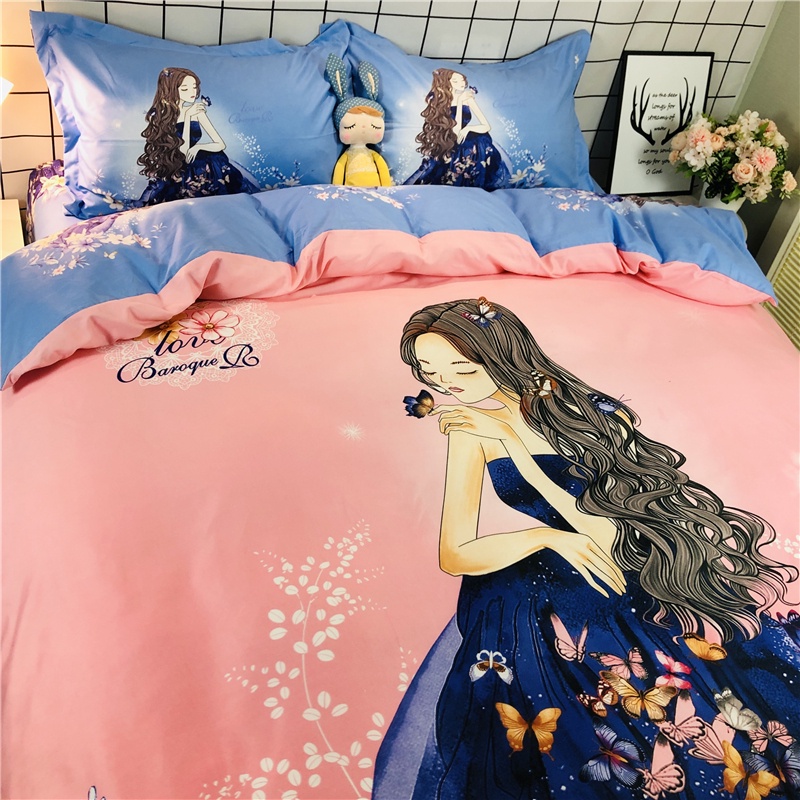 Butterfly princess pink cartoon bed three or four sets of cotton sheets
