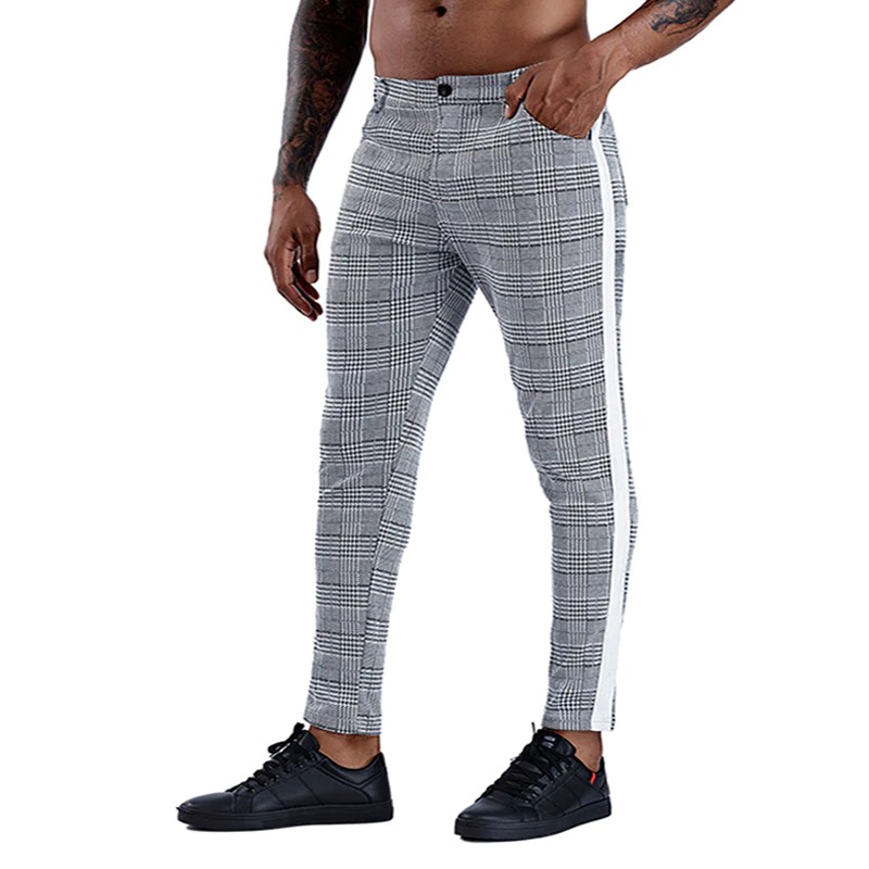 mens plaid pants with side stripe