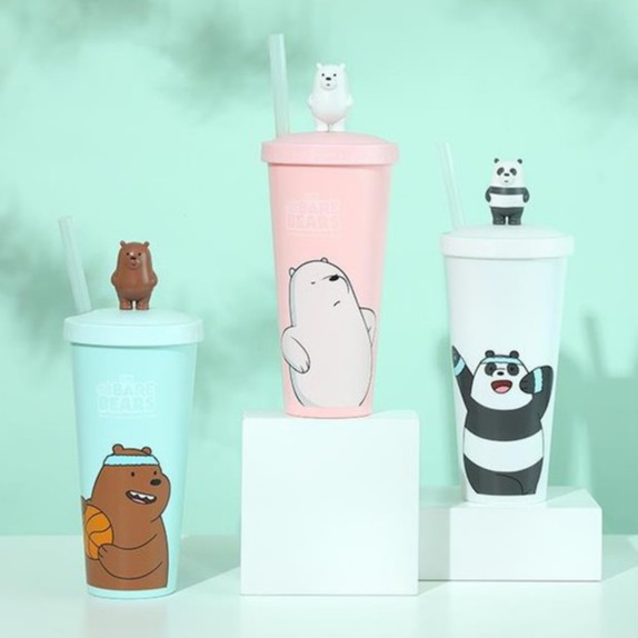 Miniso We Bare Bears Water Bottle with Straw Type A 640ml-Panda/Grizzly ...