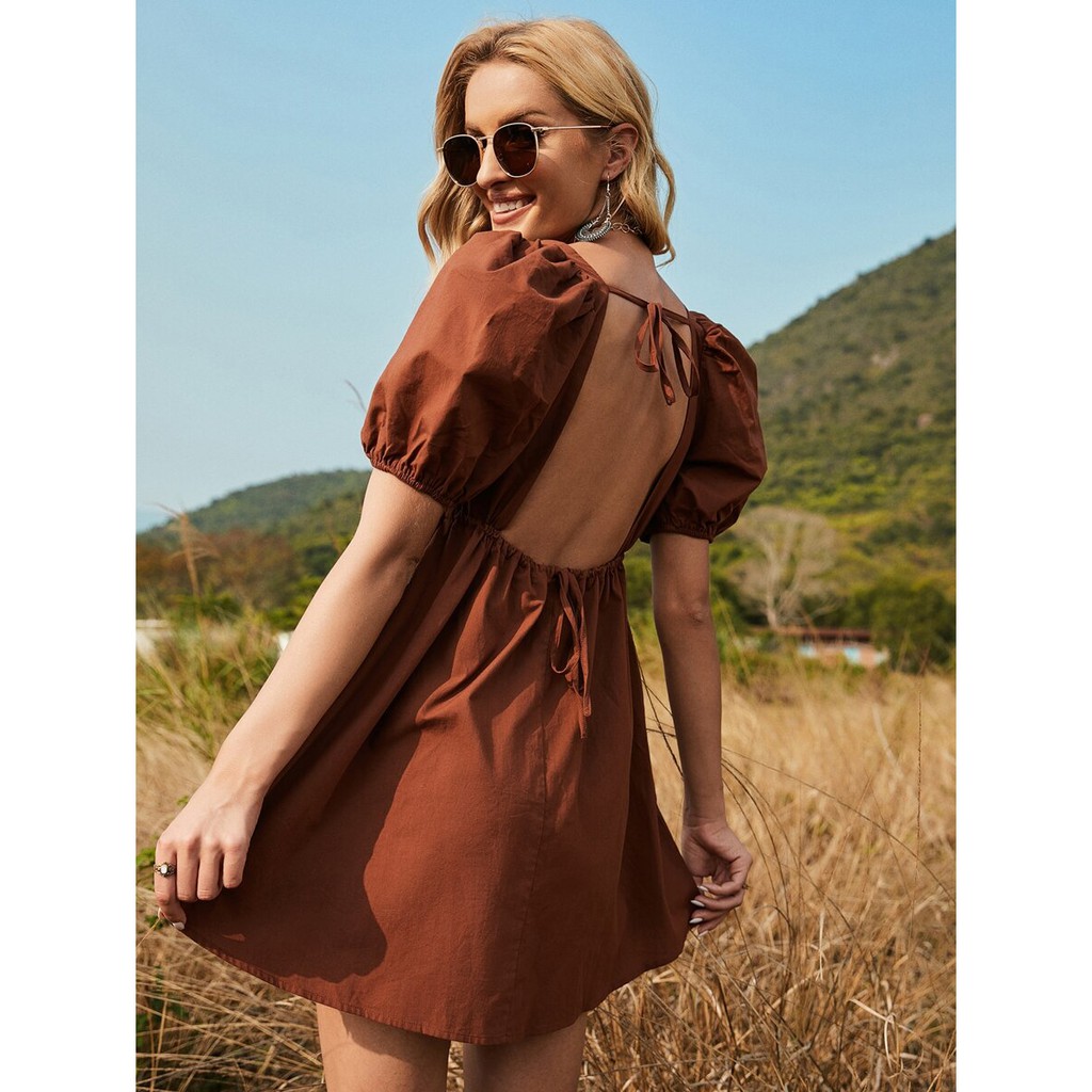 puff sleeve dress brown