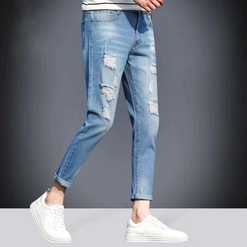 9852 Mens Skinny Jeans Ripped Jeans Pants Light Blue Shopee Philippines