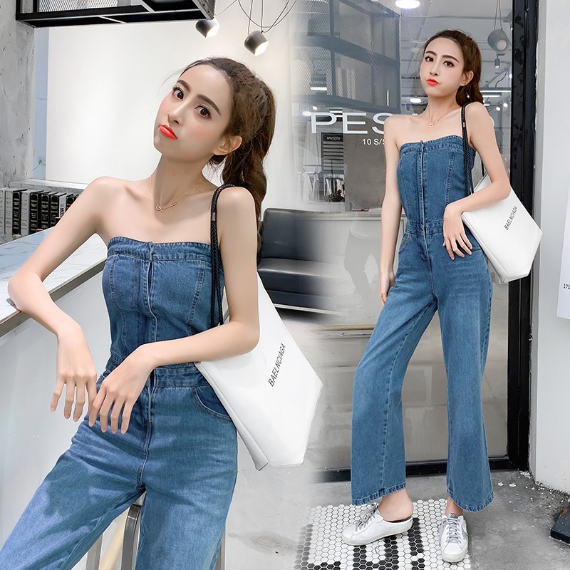 tube top denim jumpsuit