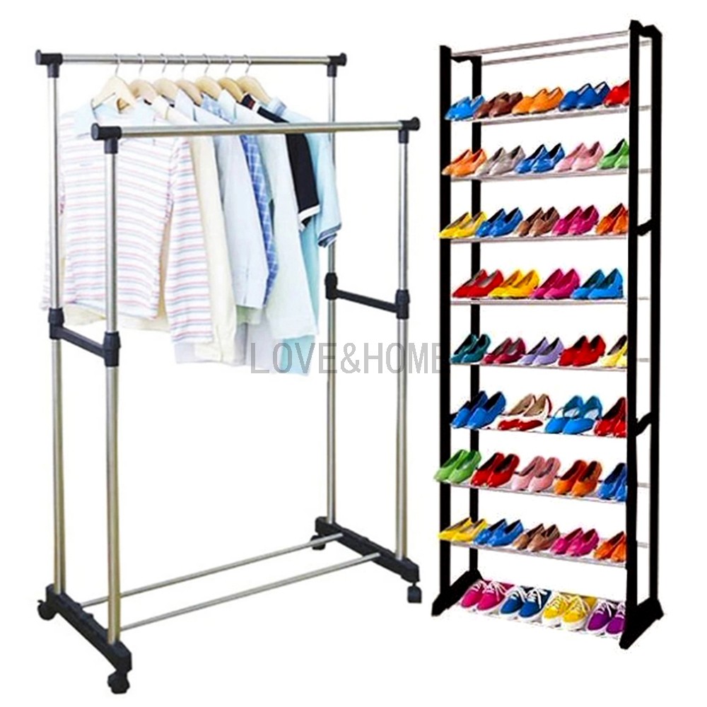 Diy2 Double Pole Clothes Rack With Shoe Rack Black Shopee Philippines