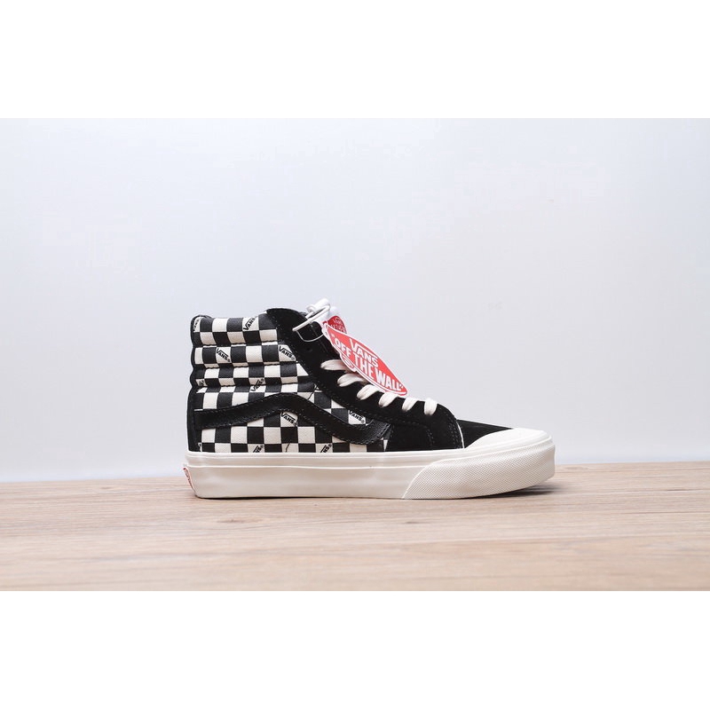 black and white high top checkered vans