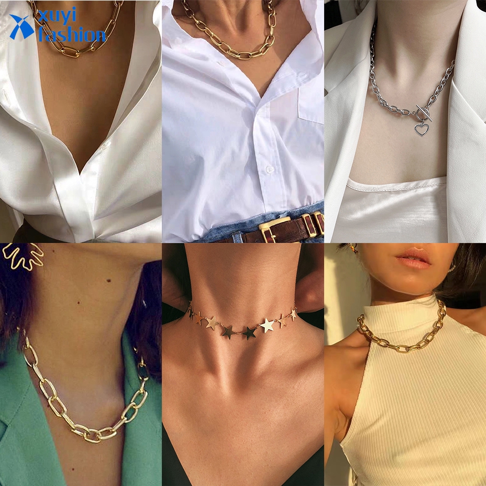 Korean Star Heart Choker Necklace Simple Gold Sliver Chain Necklace Fashion Women Jewelry