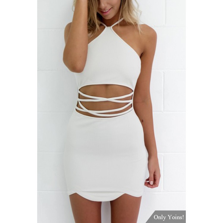 white halterneck mini dress