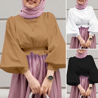 ❖Esolo ZANZEA Women Muslim Puff Long Sleeve Blouse Tunic Crew Neck Shirt Tops