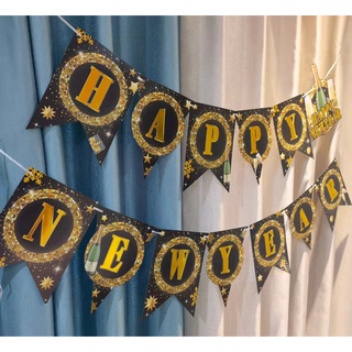 HAPPY NEW YEAR Gold letters Champagne bottle party decorations cardboard banner set w/string #3
