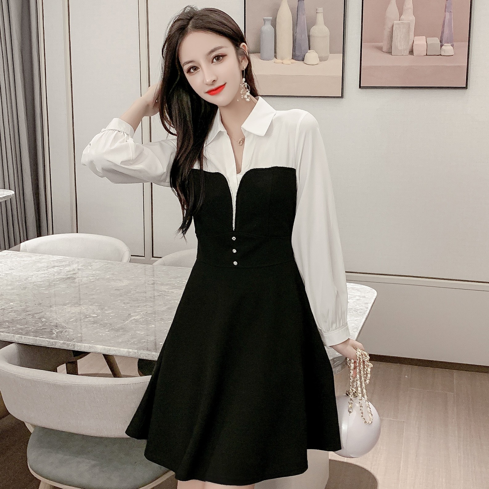 black and white long sleeve dress