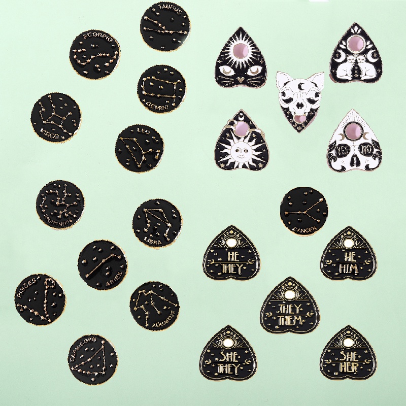 Zodiac Enamel Brooch Black Cat Head Love Metal Pin Lapel Jewelry Couple Lucky Badge Gift