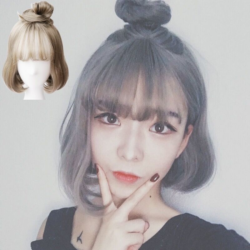 Wig Women S Short Hair Big Scalp Half Hair Updo Wig Air Bangs Inner Buckle Short Hair Granny Grey Green Wood Linen Gray Shopee Philippines