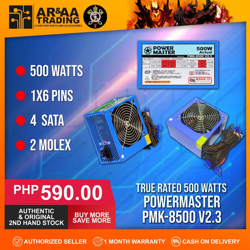 True Rated Power Supply 500 Watts Powermaster Brand Model PMK8500 V2